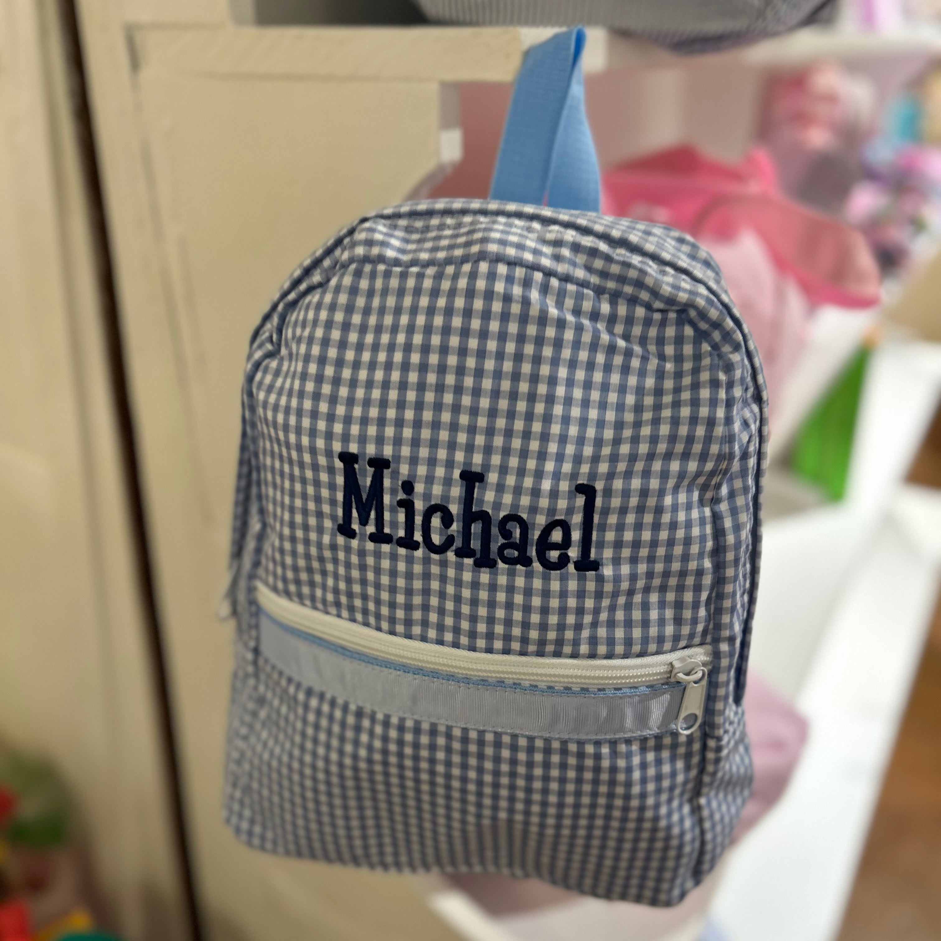 Personalized Small Gingham Backpack - Baby Blue