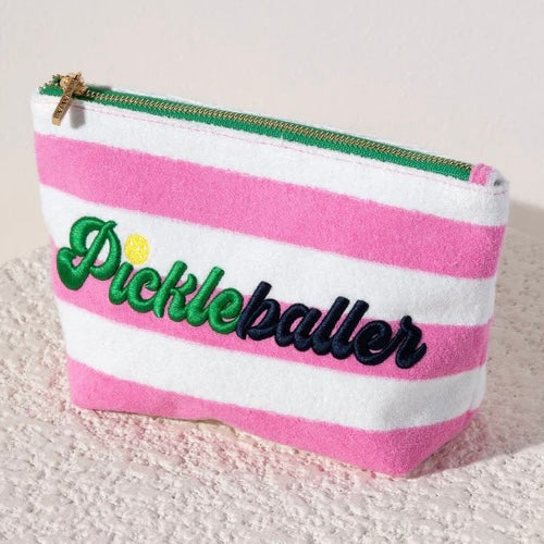 "Pickleballer" Zip Terry Pouch - Pink / White Stripe
