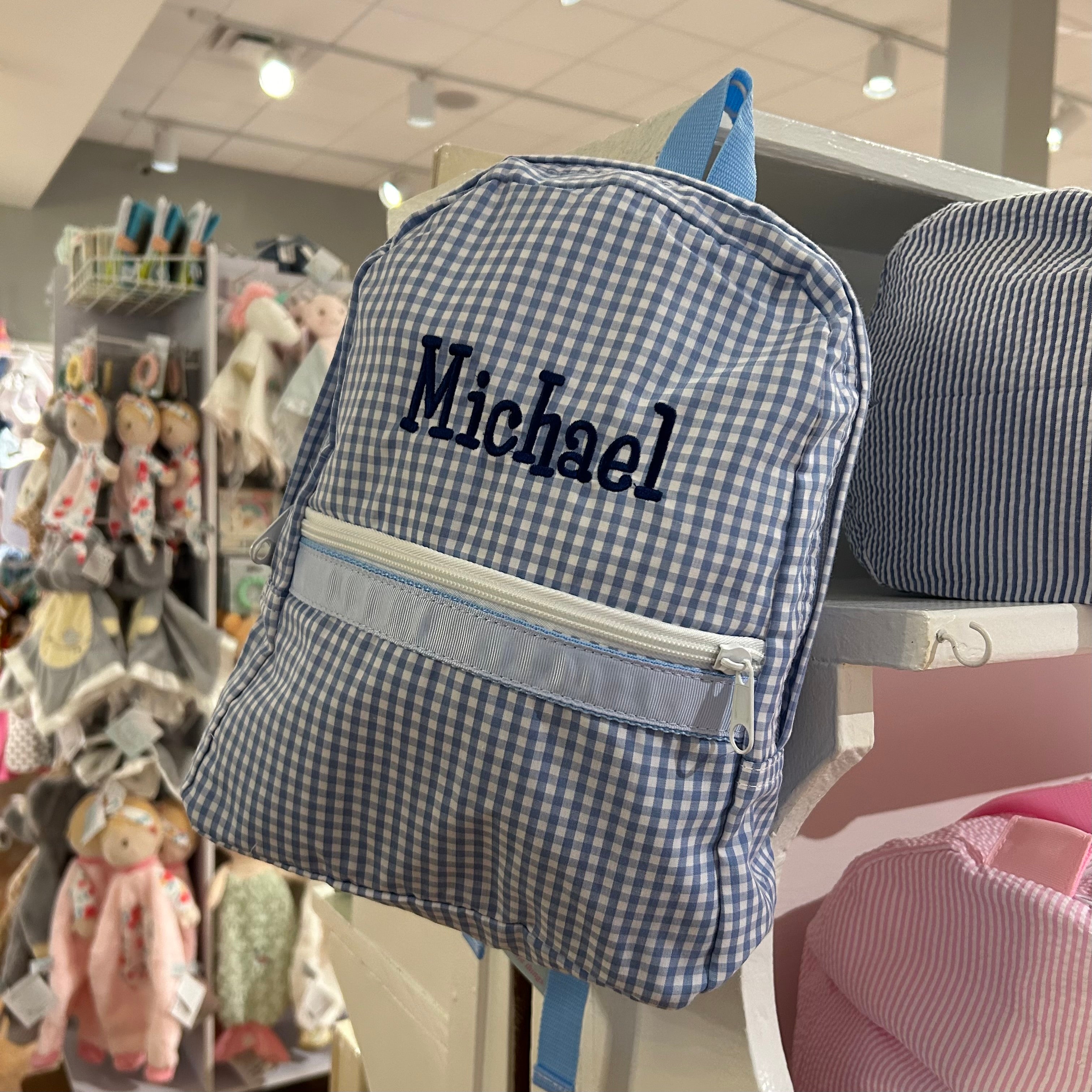 Personalized Small Gingham Backpack - Baby Blue