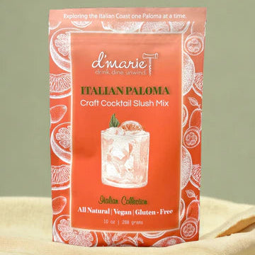 Packaging of d'marie Italian Paloma craft cocktail slush mix on a beige background