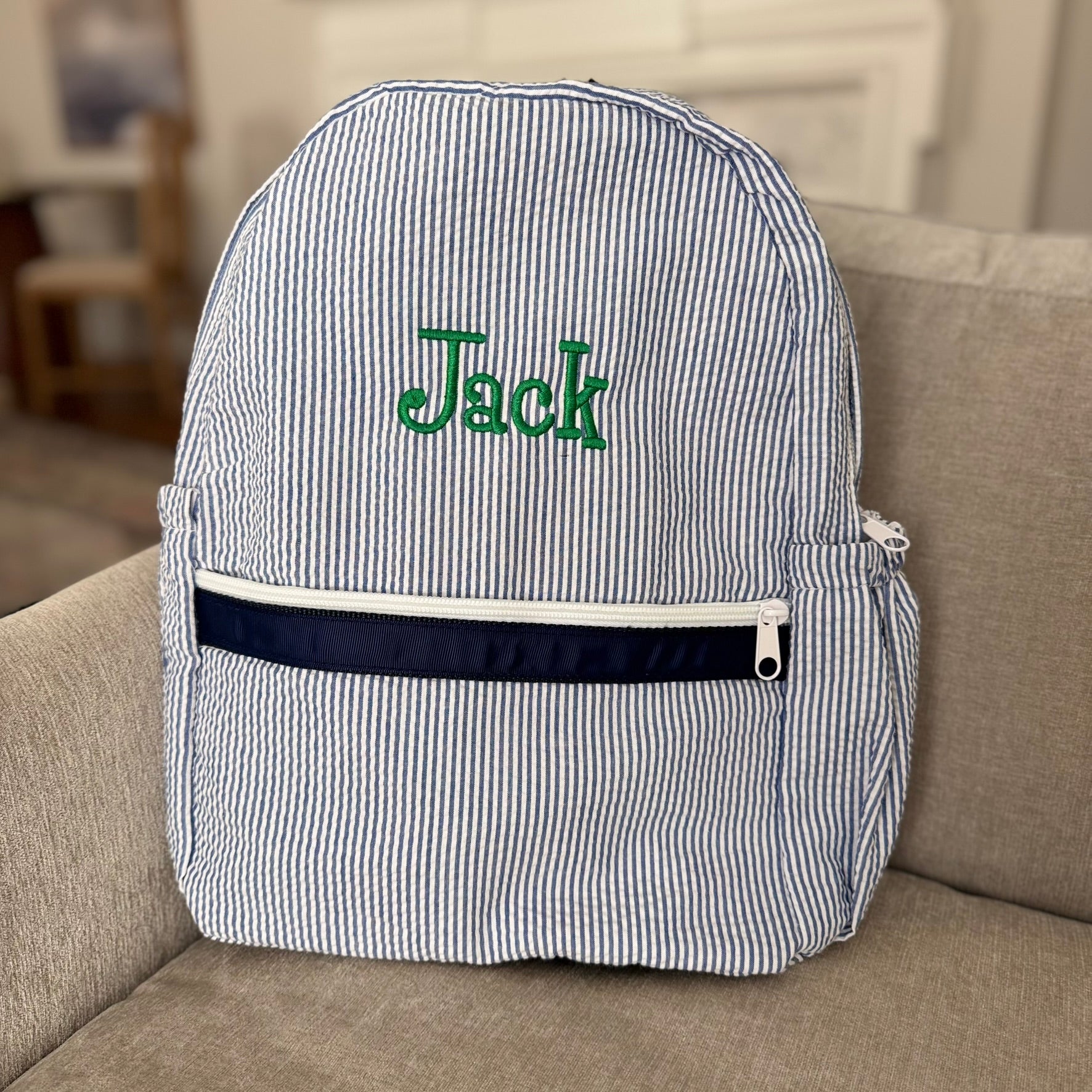 Personalized Seersucker Backpack Medium Navy