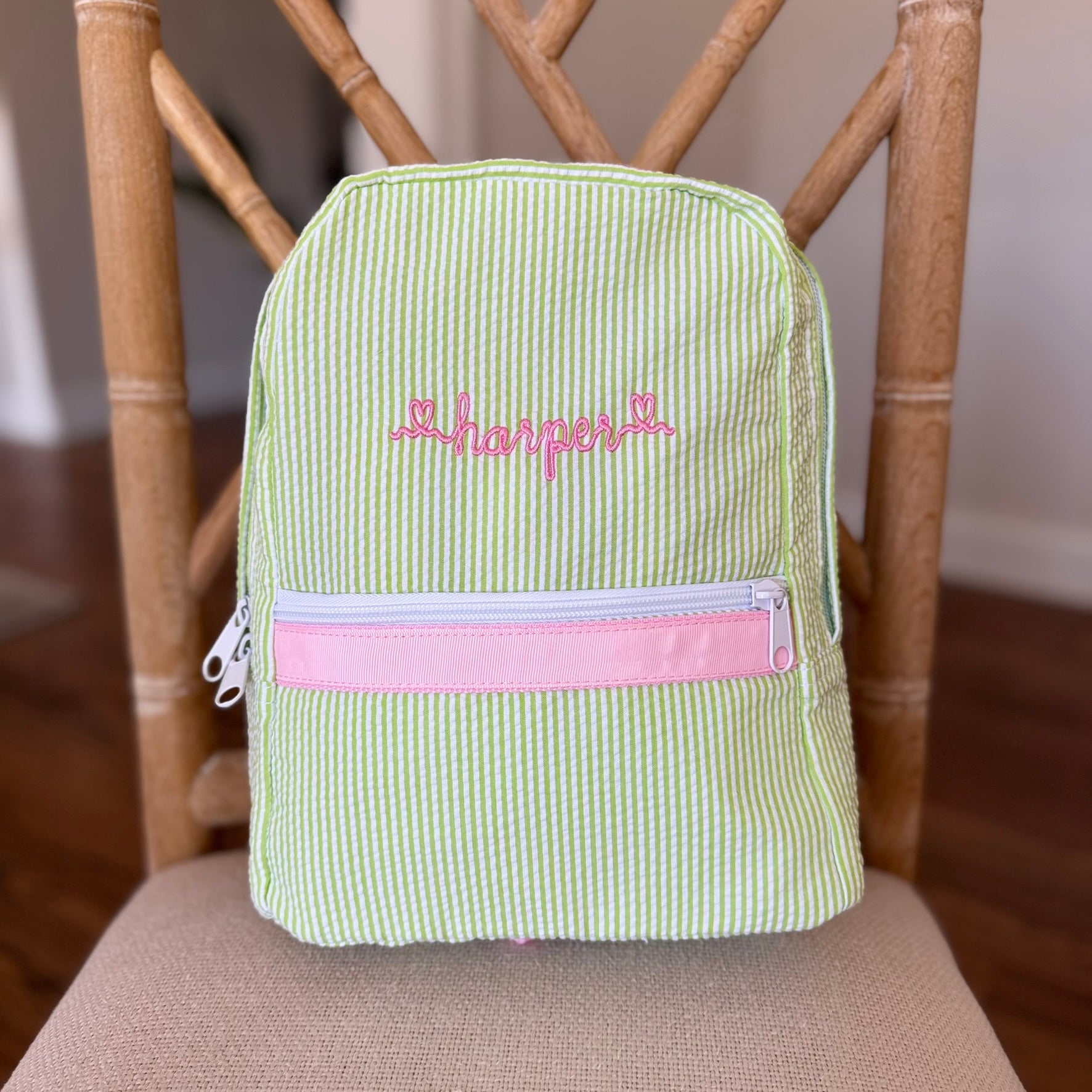 Personalized Seersucker Backpack Small Green Pink