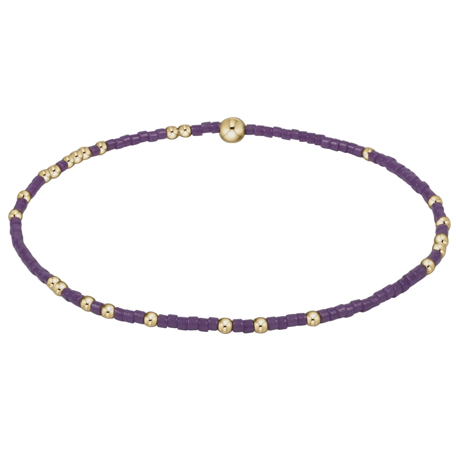 Purple beaded necklace with gold beads on a light gray background