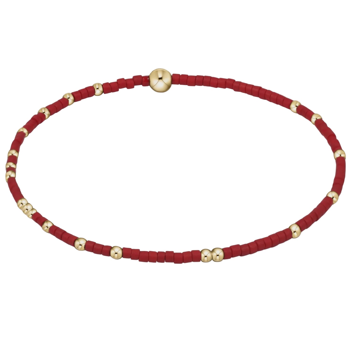Red beaded necklace with gold beads on a light gray background
