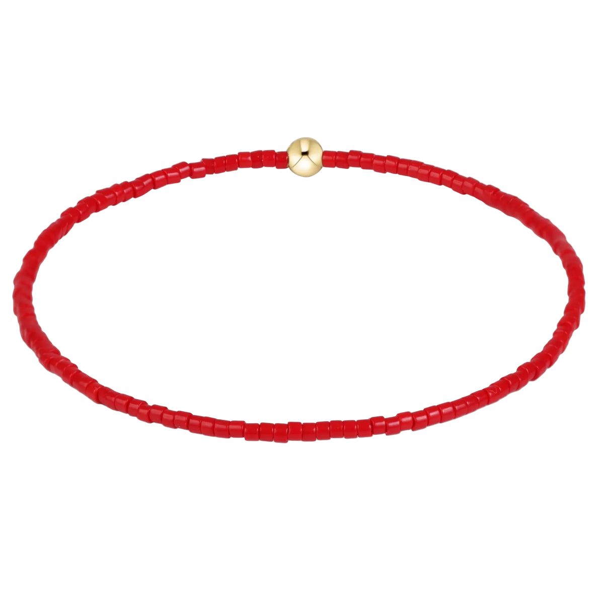 A red beaded bracelet with a small gold-toned bead closure, shown on a plain white background.