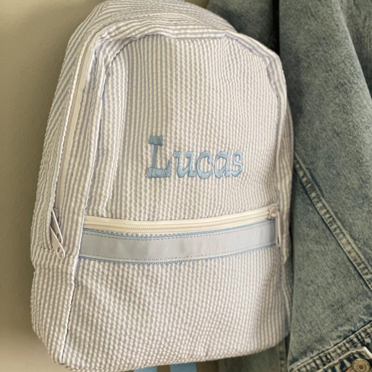 Personalized Small Seersucker Backpack - Blue