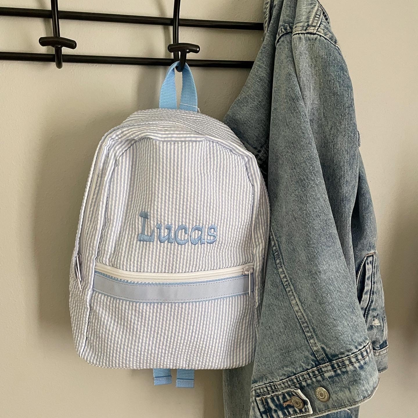 Personalized Small Seersucker Backpack - Blue