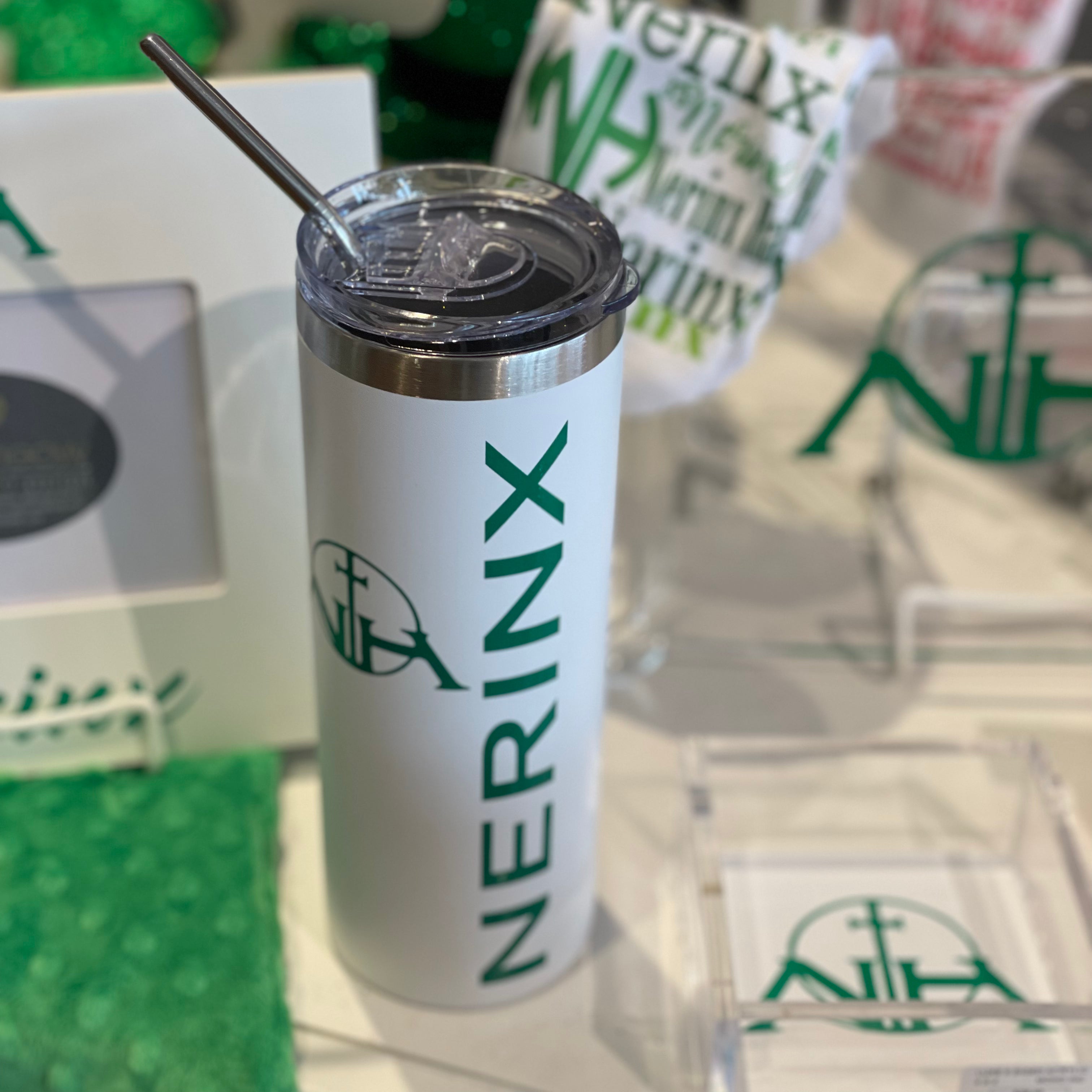 Skinny White Tumbler w/Straw - Nerinx