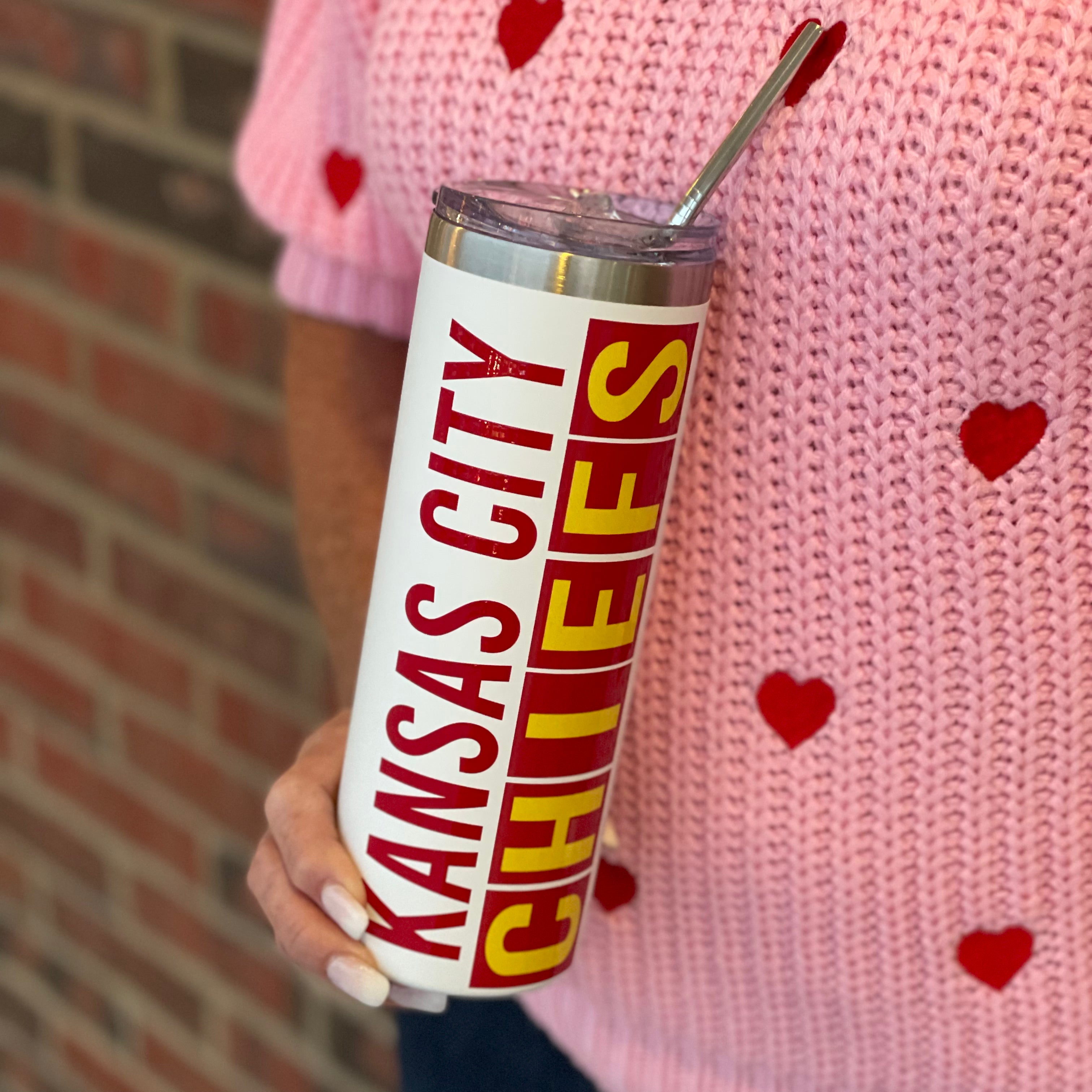 Skinny White Tumbler w/Straw - Chiefs