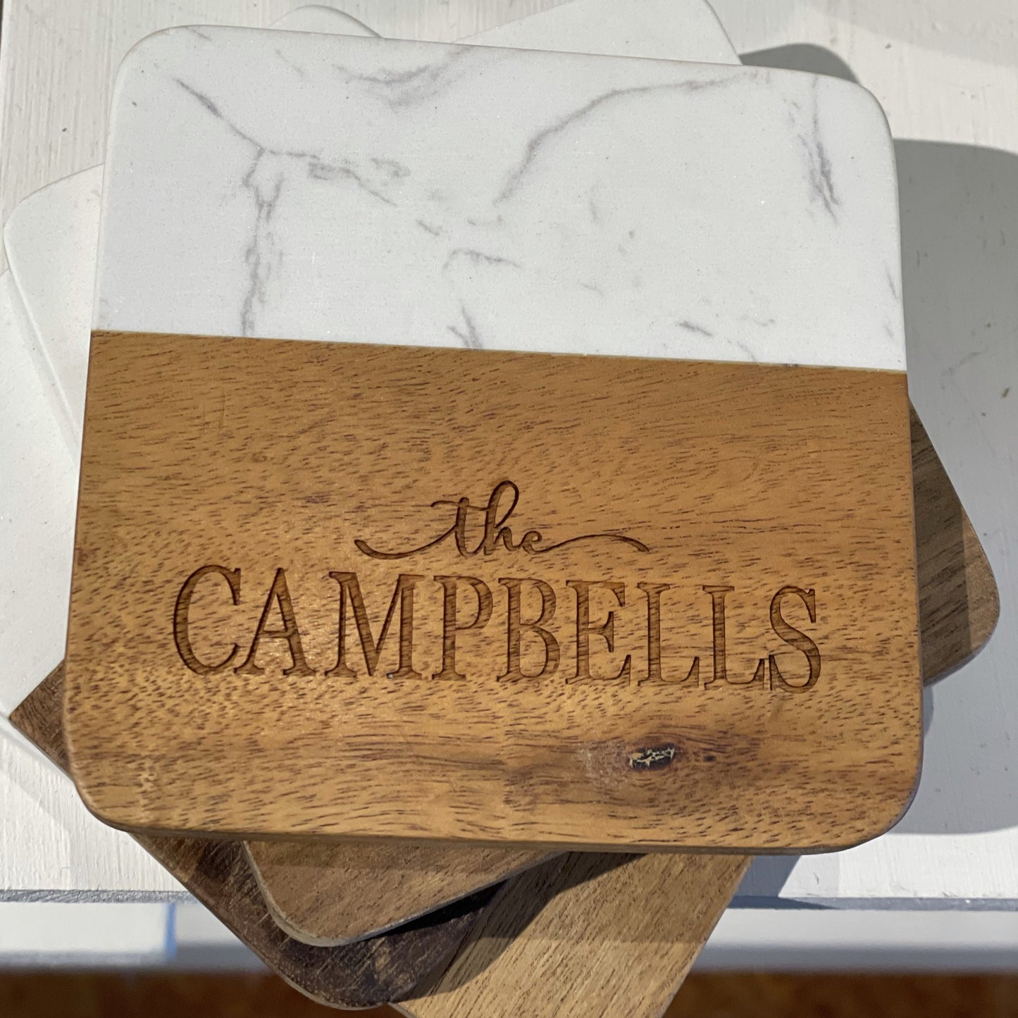 Personalized Faux Marble & Wood Coaster - Set/4