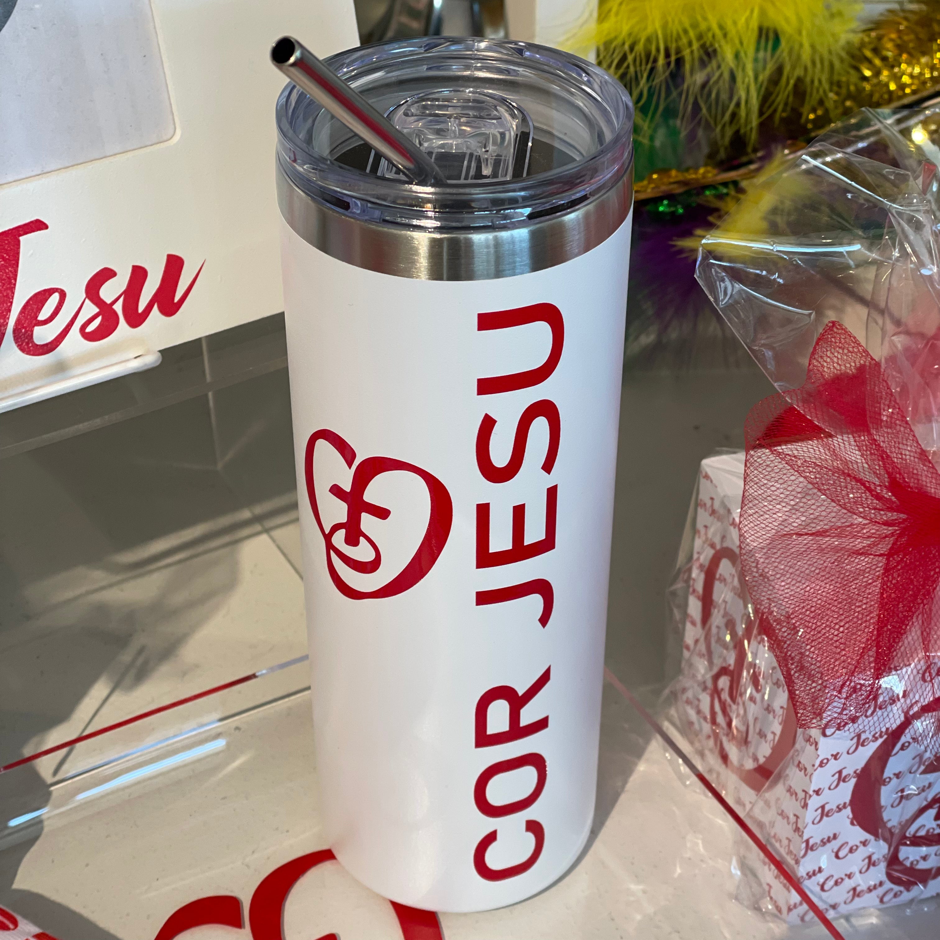 Skinny White Tumbler w/Straw - Cor Jesu
