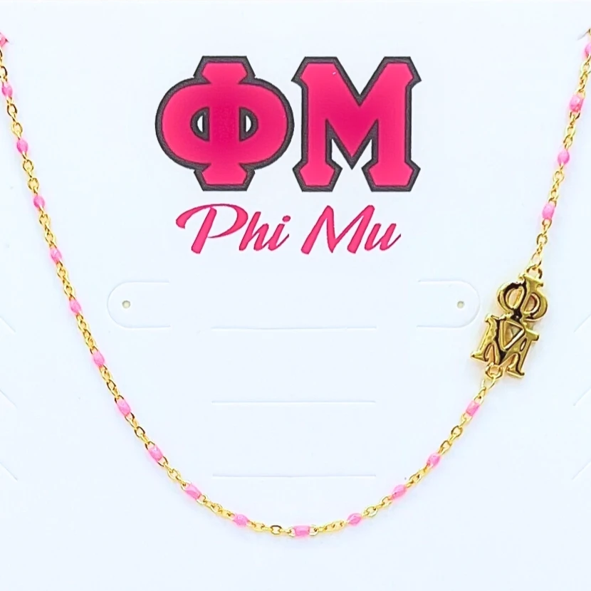 Sorority Necklace - Side Set Greek Letters/Gold - Phi Mu