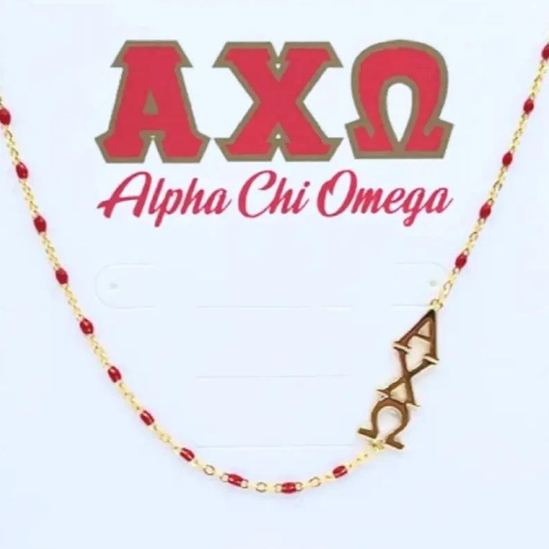 Sorority Necklace - Side Set Greek Letters/Gold - Alpha Chi Omega