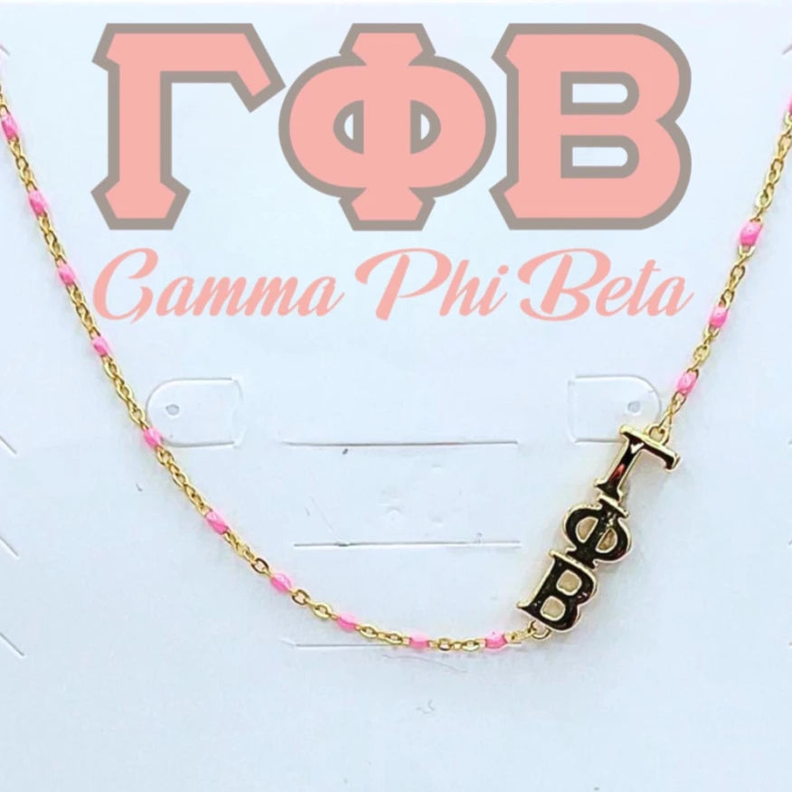 Sorority Necklace - Side Set Greek Letters/Gold - Gamma Phi Beta