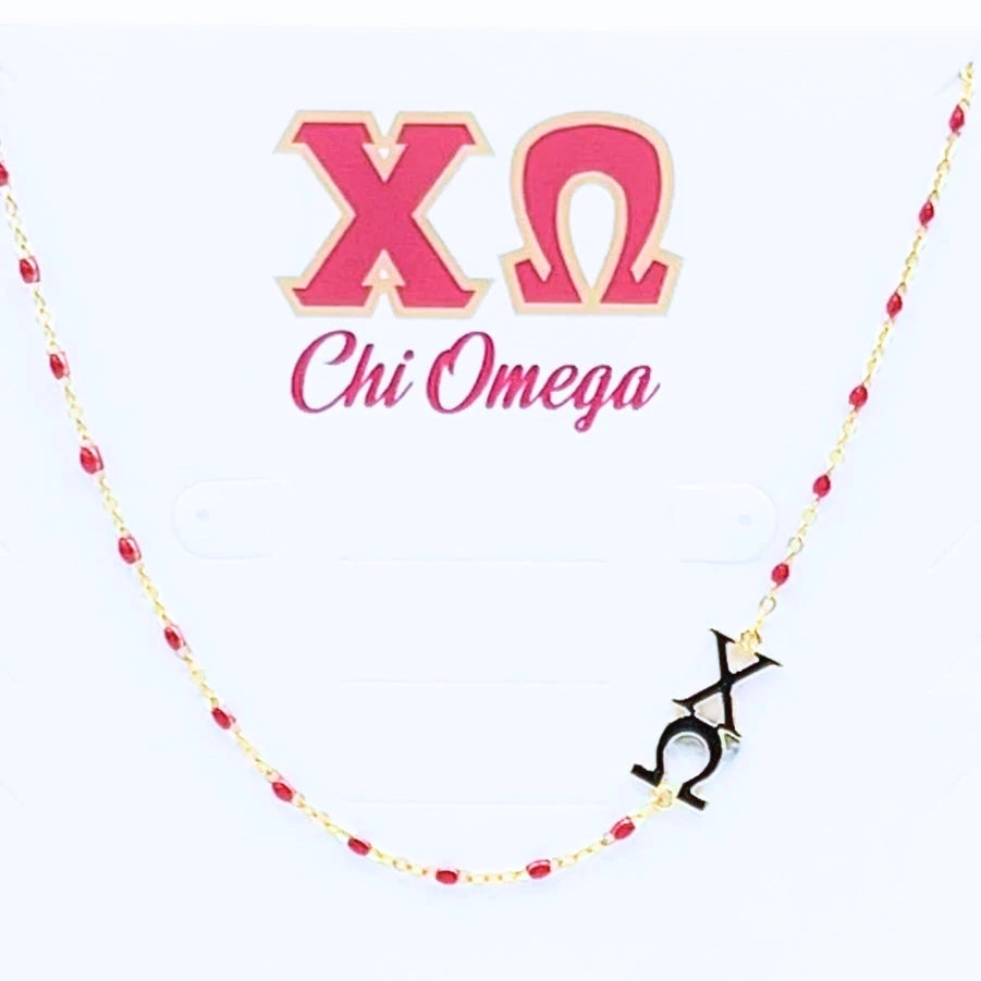 Sorority Necklace - Side Set Greek Letters/Gold - Chi Omega