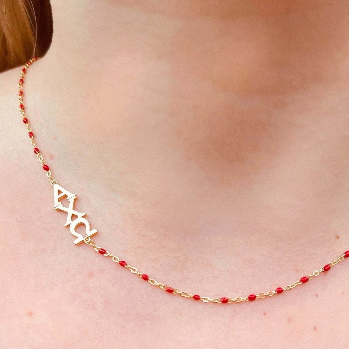 Sorority Necklace - Side Set Greek Letters/Gold - Alpha Chi Omega