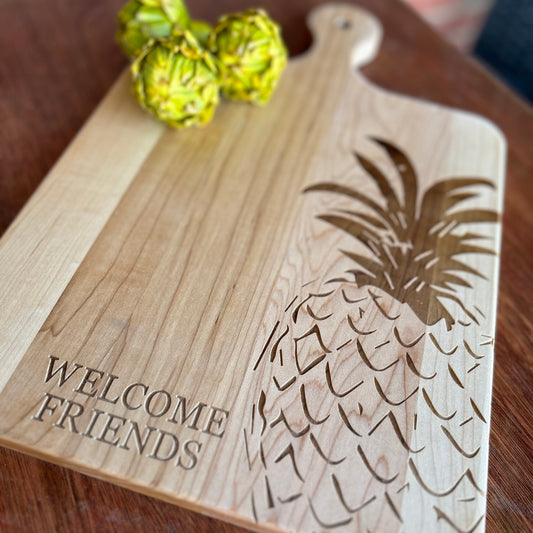 Personalized Maple Cutting Board with Rounded Handle - "Welcome Friends" Pineapple Design