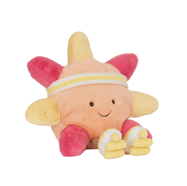 Plush toy with a star-shaped body and pink accents on a white background