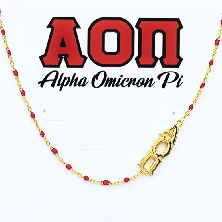 Sorority Necklace - Side Set Greek Letters/Gold - Alpha Omicron Pi