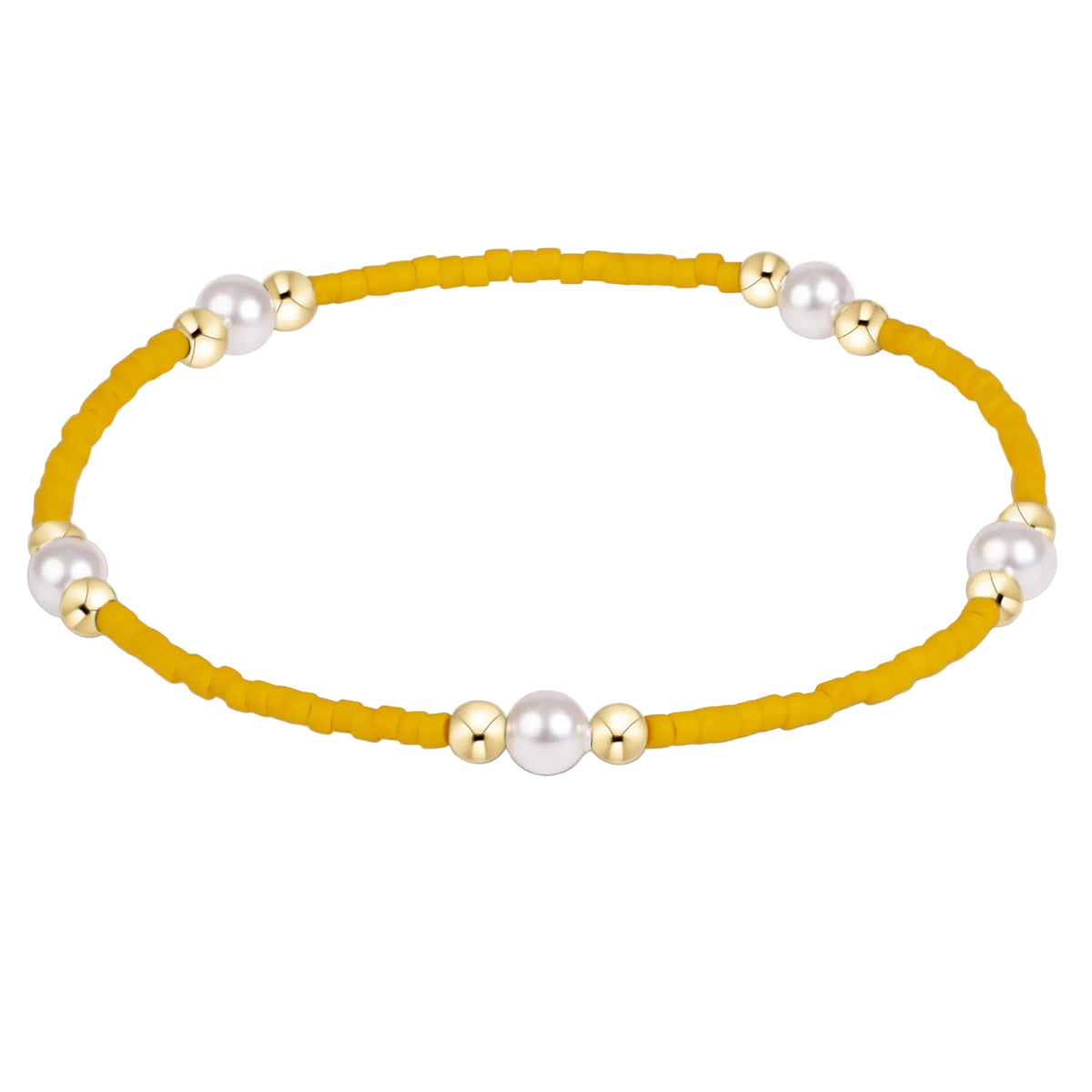 A yellow beaded bracelet with alternating white pearl-like beads and polished gold spacer beads, shown on a plain white background.