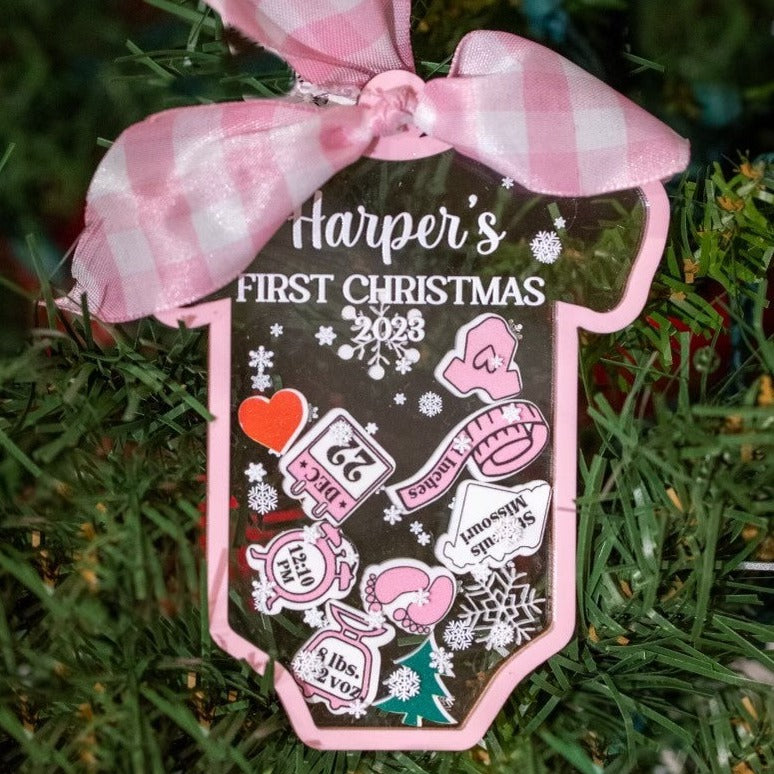 Personalized Baby's First Christmas Acrylic Onesie Shaker Ornament - Pink