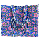 Blue Quilted Tote Bag Pink Flowers Green