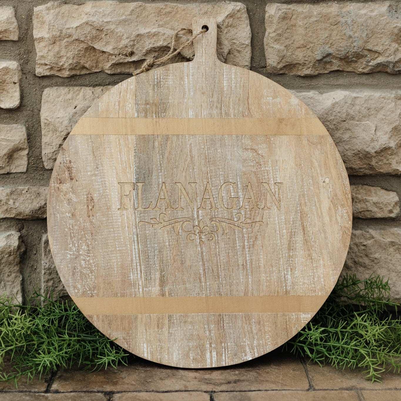 Personalized Round Wood Serving Board w/Metallic Gold Strapping