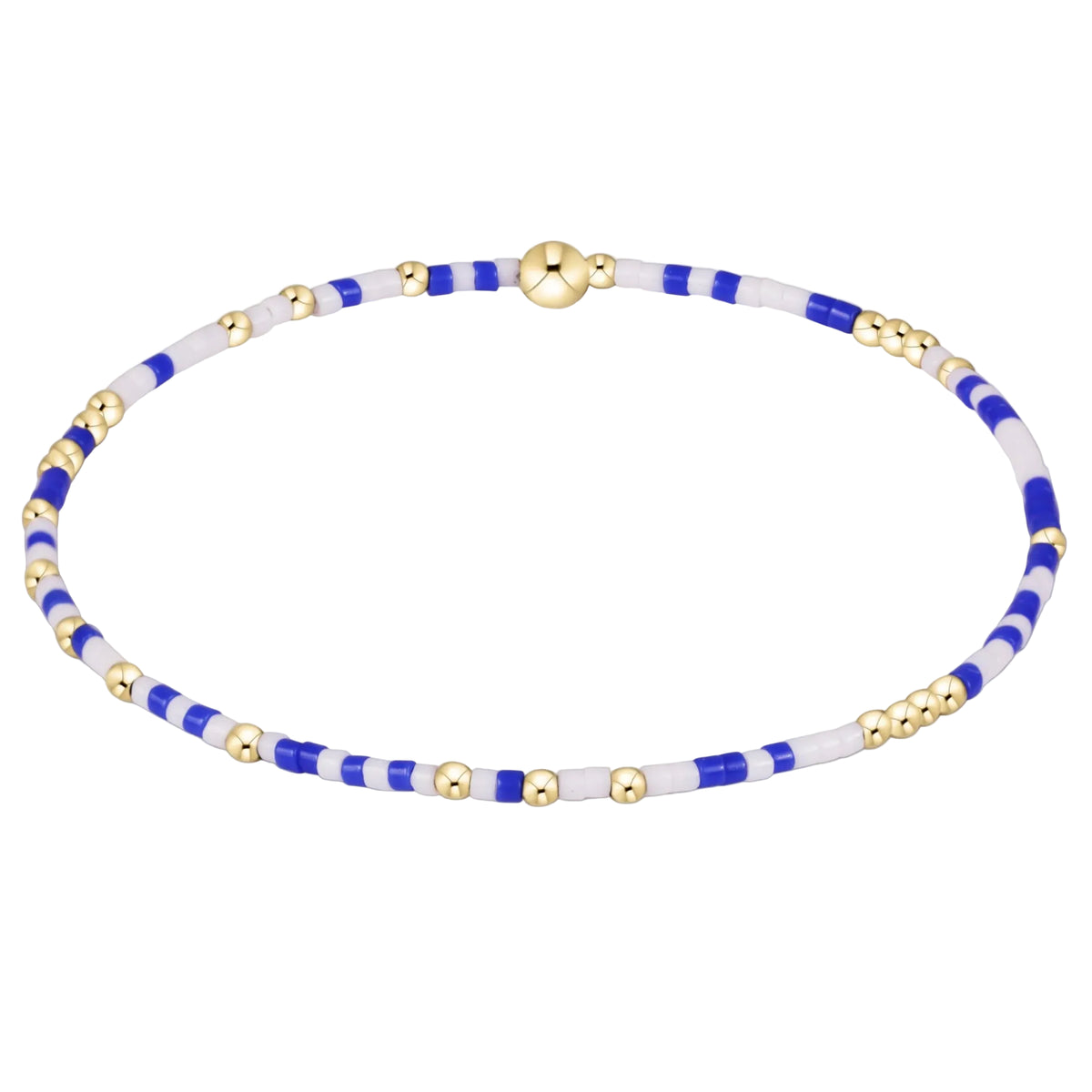 A beaded bracelet with alternating blue and white beads, accented by small gold spacer beads and a polished gold clasp, shown on a plain white background.