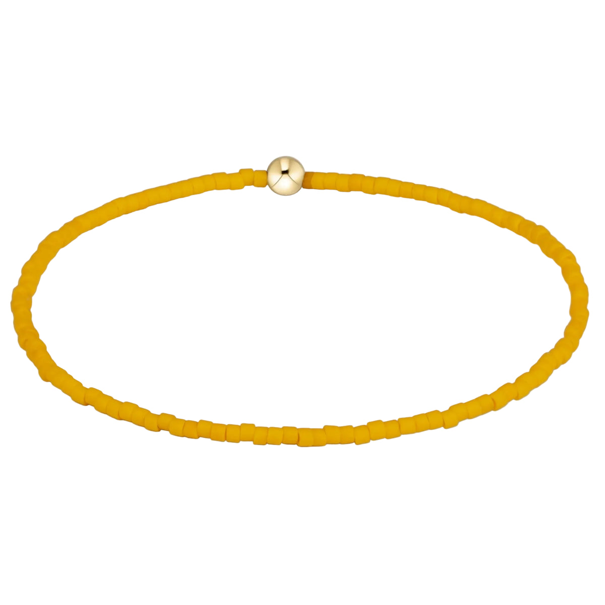 A yellow beaded bracelet with a small gold-toned circular clasp, displayed on a clean white background.