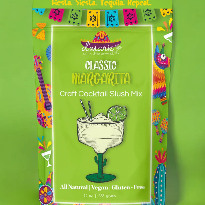 Green package of d'marie Classic Margarita craft cocktail slush mix on a green background