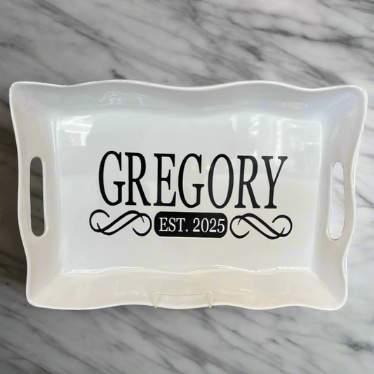 Personalized White Ruffle Melamine Tray w/Handles - Large