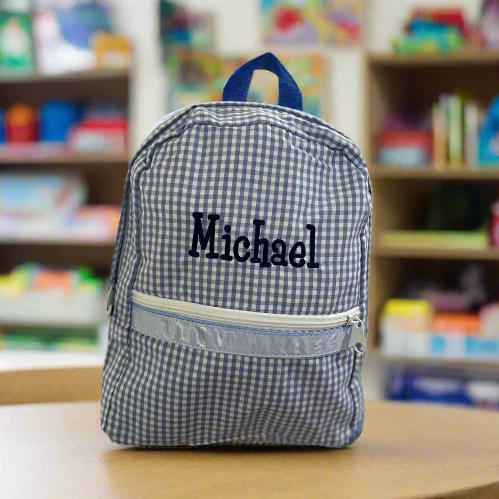 Personalized Small Gingham Backpack - Baby Blue