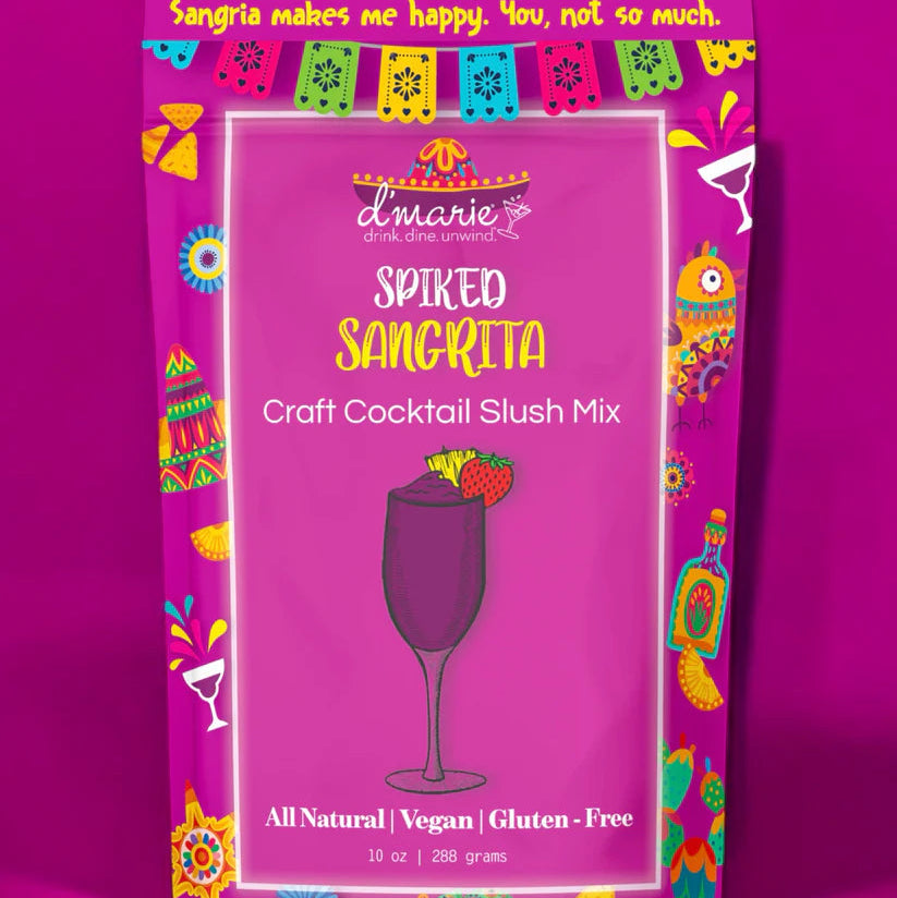 Spiked Sangrita craft cocktail slush mix packaging on a purple background