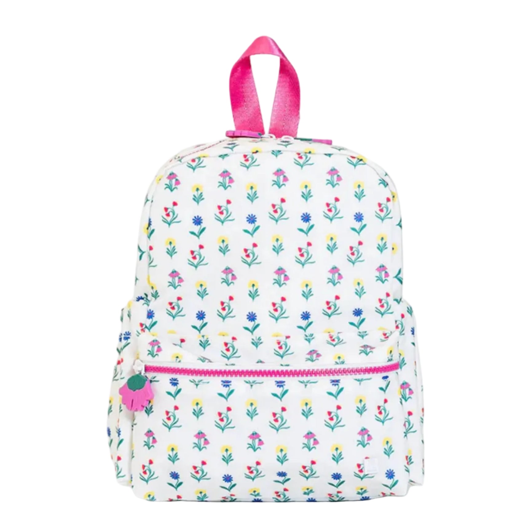 A white backpack with a colorful floral print, featuring a bright pink top handle, pink zipper, and a small pink flower charm on the side pocket.