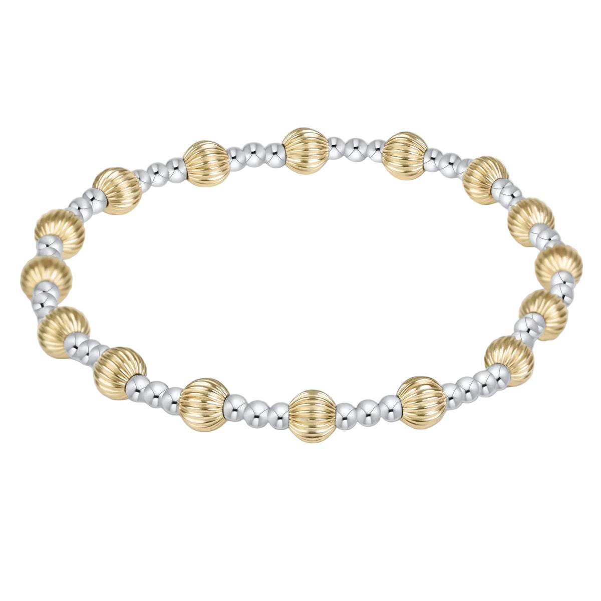 A two-tone beaded stretch bracelet featuring textured gold and polished silver beads, arranged in an oval shape on a clean white background.