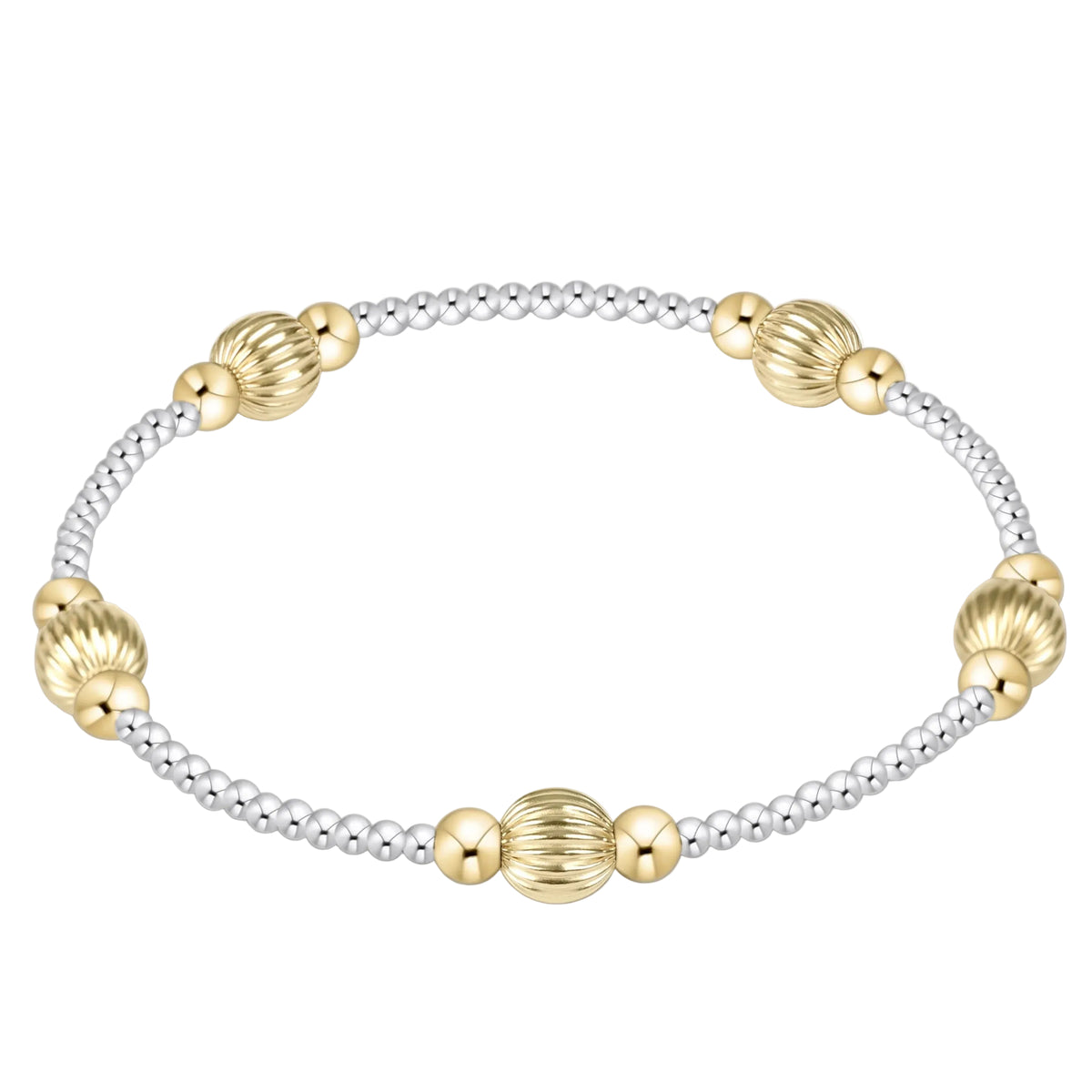 A two-tone beaded bracelet featuring textured gold and polished silver beads, arranged in an oval shape on a solid white background.