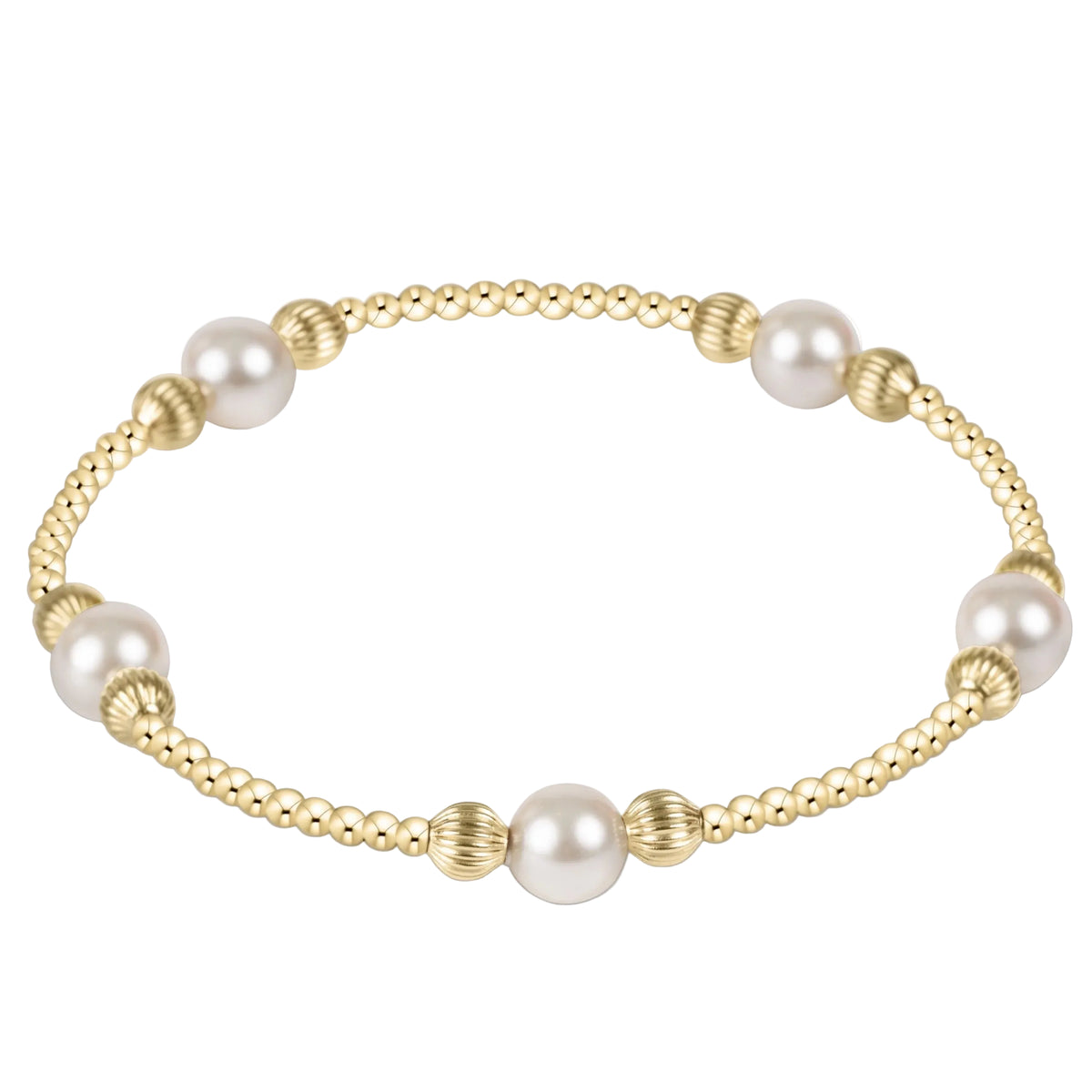 A gold beaded bracelet featuring five large white pearls spaced evenly along the band, set against a clean white background.