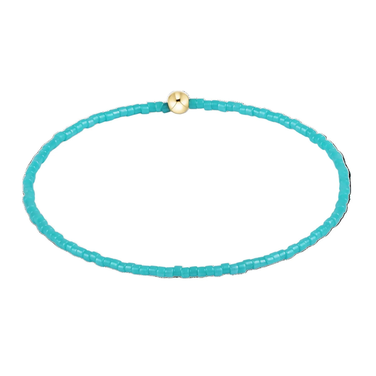 Turquoise beaded bracelet with a gold clasp on a white background