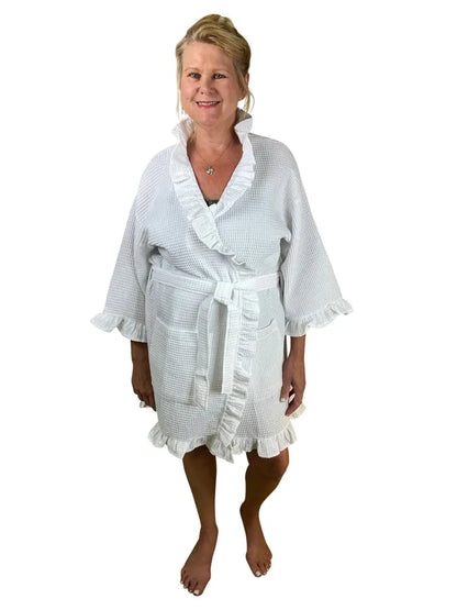 Personalized Knee Length Cotton Kimono Robe - White