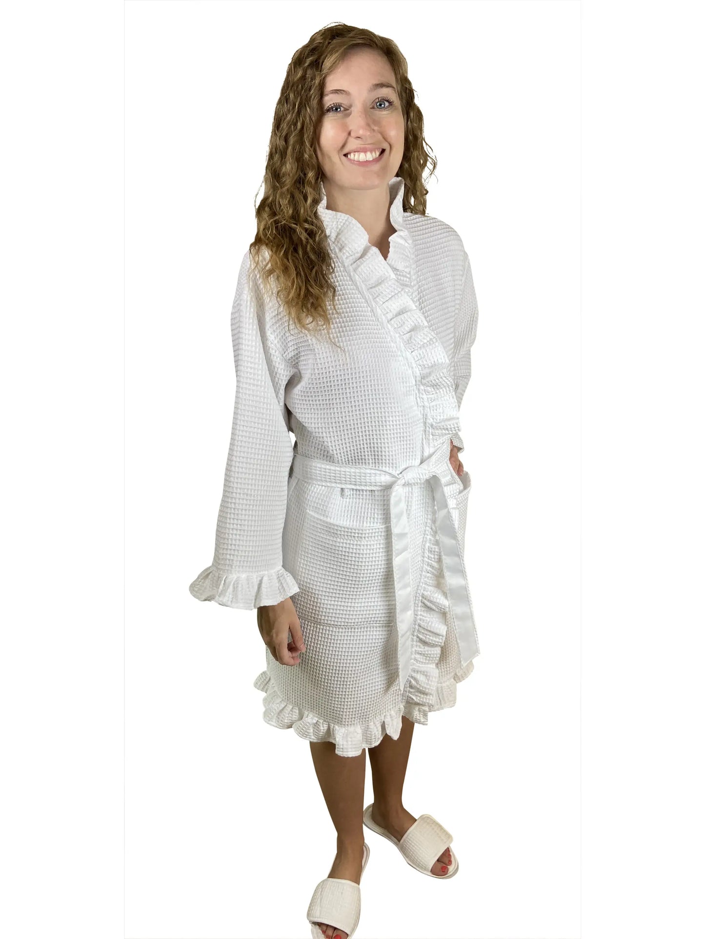 Personalized Knee Length Cotton Kimono Robe - White