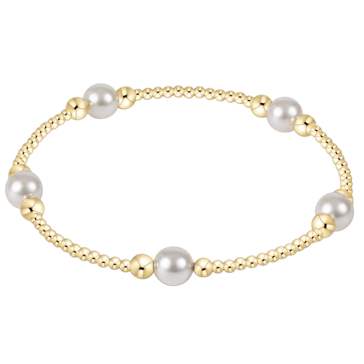 A gold beaded bracelet with six large white pearls spaced evenly, displayed on a clean white background.