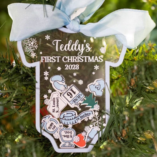 Personalized Baby's First Christmas Acrylic Onesie Shaker Ornament - Blue