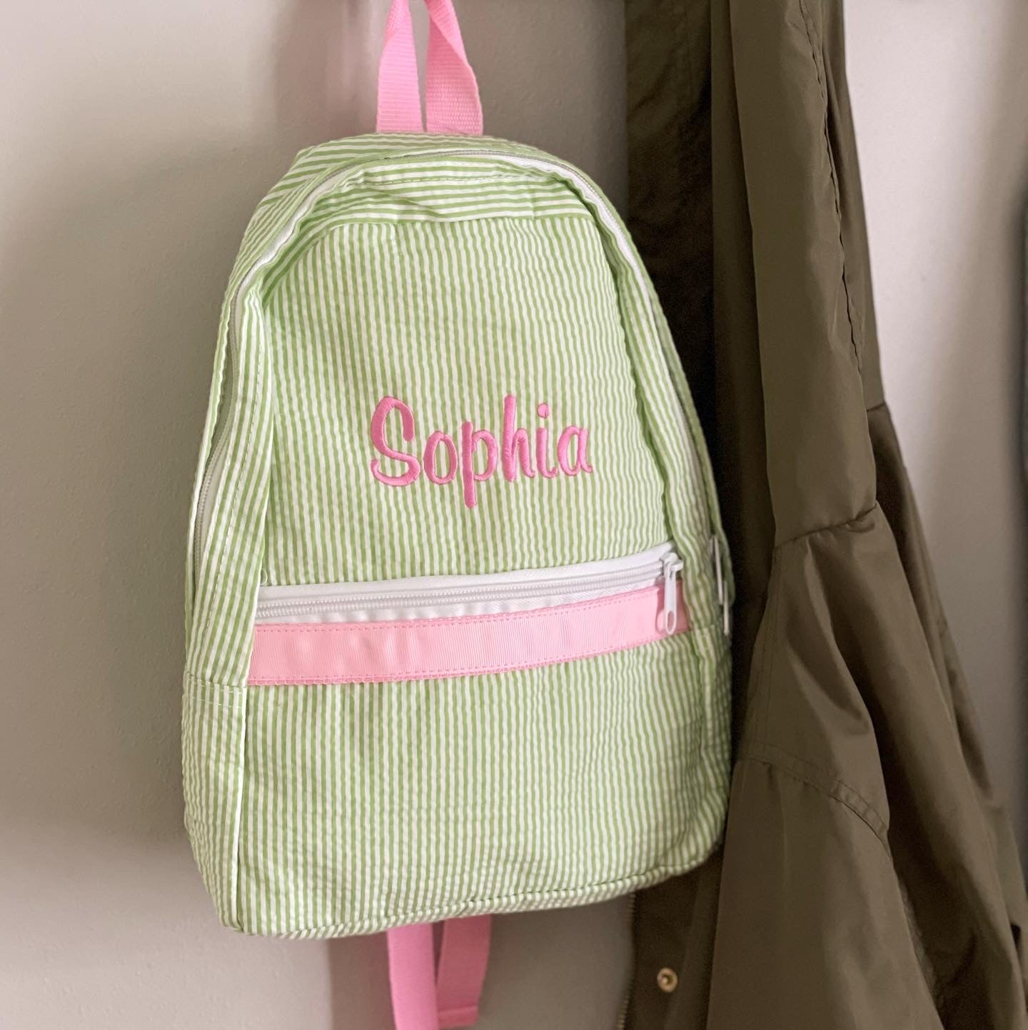 Personalized Seersucker Backpack with Floral Llama Alpha Applique