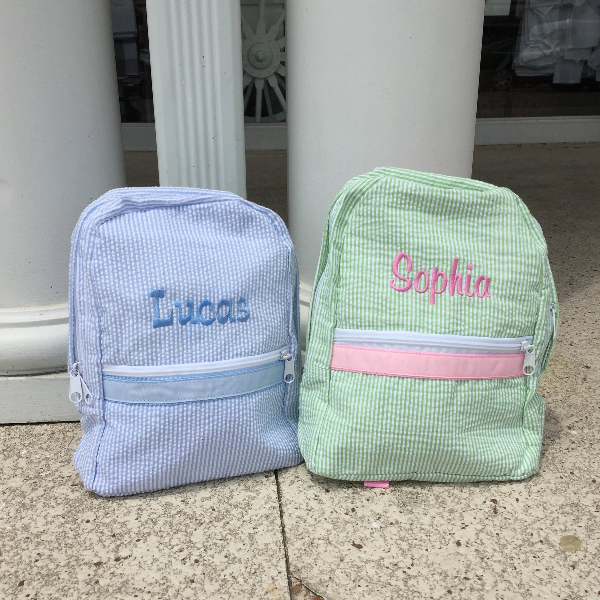 Baby Blue Seersucker Small Backpack with Monogram- your favorite bag!