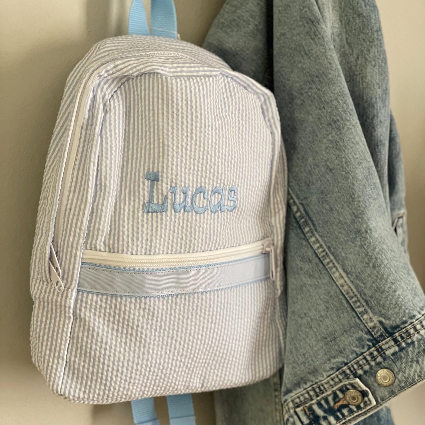 Personalized Small Seersucker Backpack - Blue