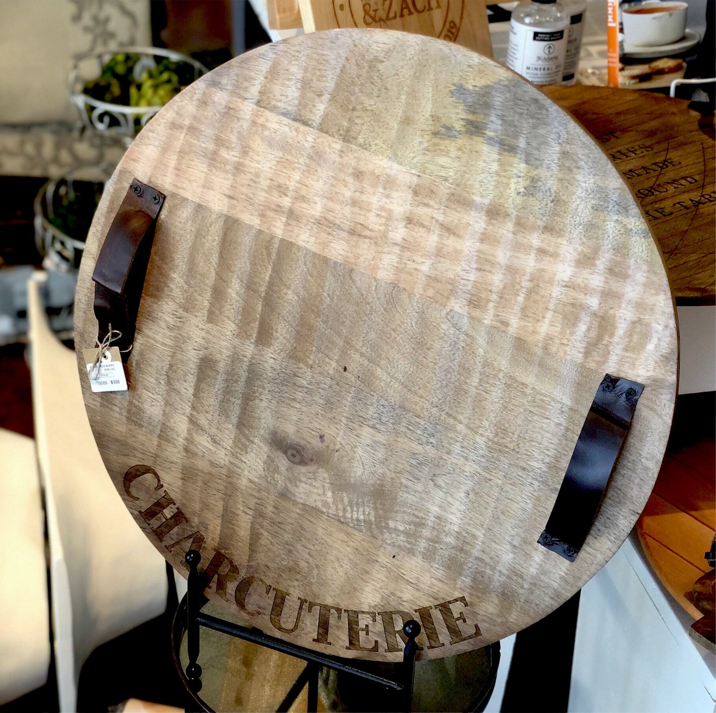 Personalized Round Oversized Wood Board w/Leather Handles