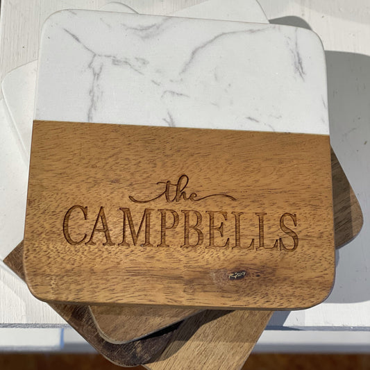 Personalized Faux Marble & Wood Coaster - Set/4