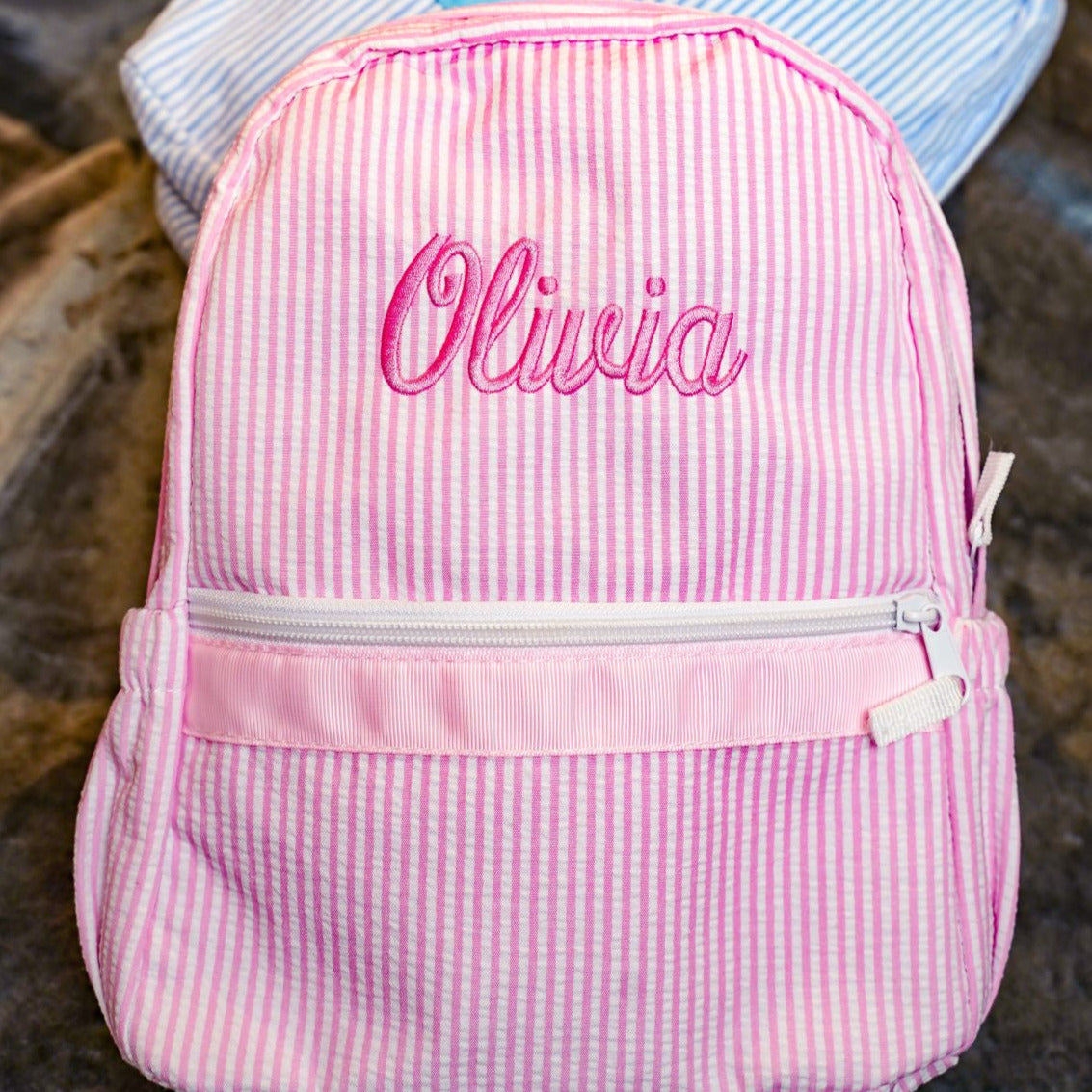 Personalized Small Seersucker Backpack - Pink